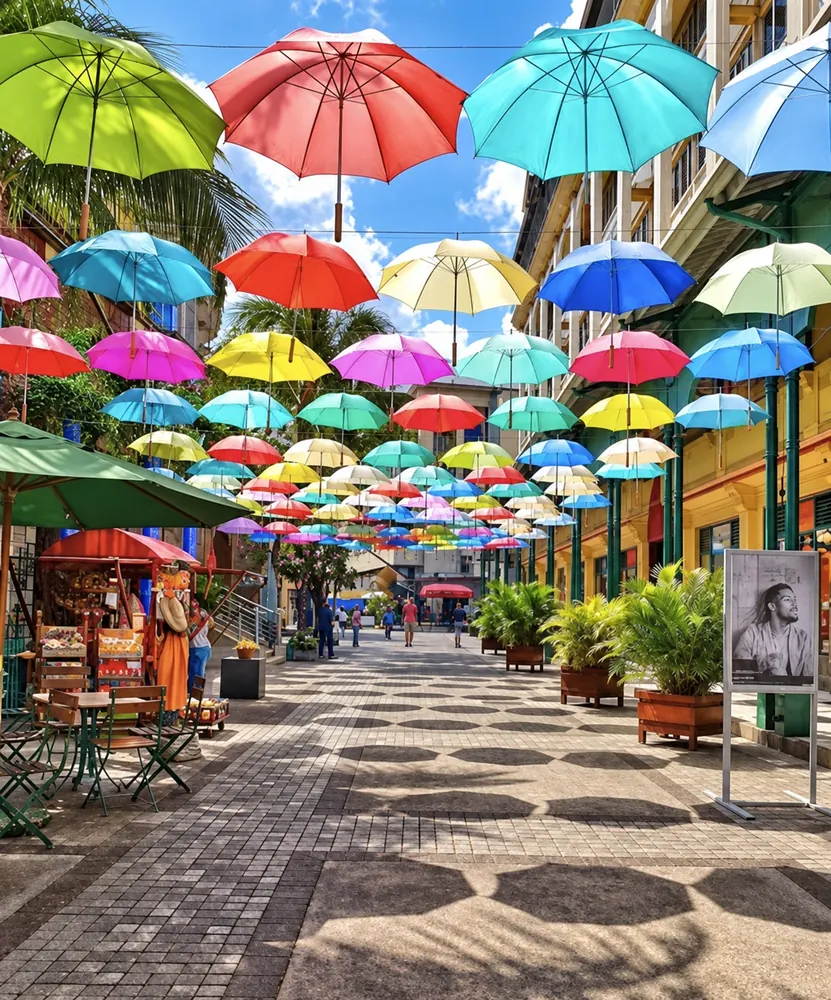 Parapluies colorés au-dessus d'une rue piétonne du Caudan Waterfront, Port-Louis