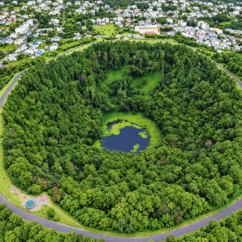 The forested crater of Trou aux Cerfs volcano, seen from above